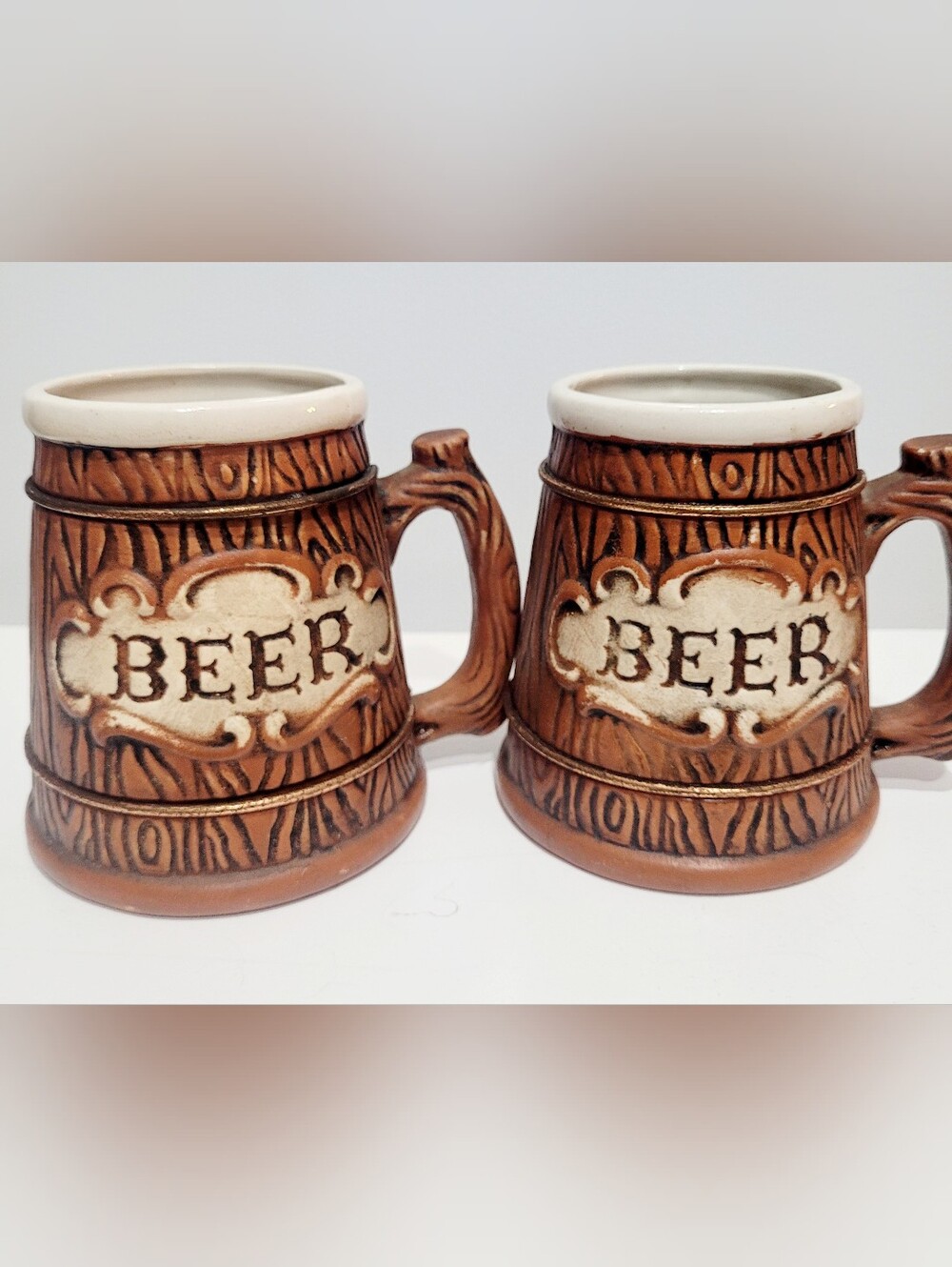 Vintage Japan Fine Ceramic Beer Barrel Mugs Set of 2 Faux Wood Beer Steins